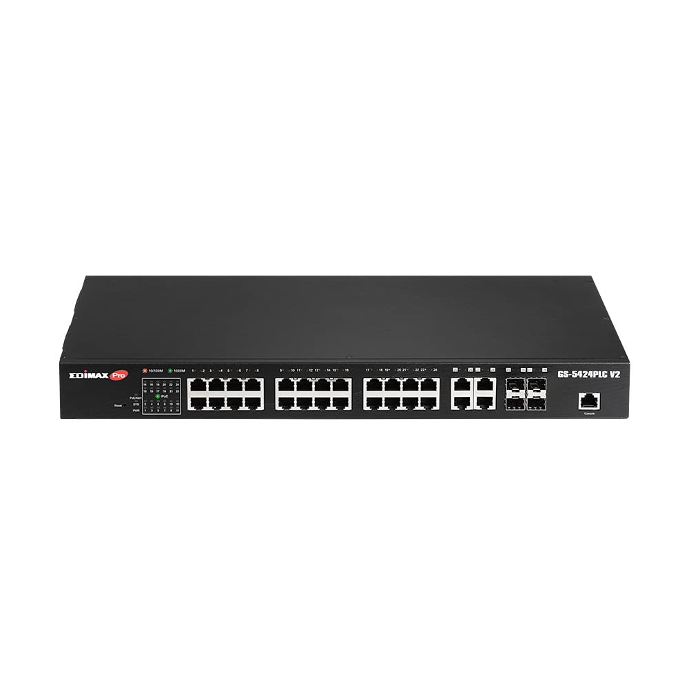 Edimax GS-5424PLC V2 - Conmutador Web Inteligente de Largo Alcance con 28 Puertos Gigabit PoE+, 4 Puertos Gigabit Combo RJ45/SFP