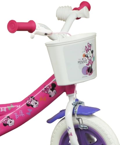 Bicicleta de 10 Pulgadas para niño, niña, Minnie/Disney con 1 Freno Delantero calibrador, Cesta Delantera, Guardabarros, cárter, Ruedas y 2 estabilizadores extraíbles, Rosa