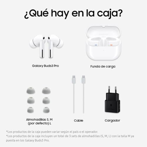 Samsung Galaxy Buds3 Pro + Cargador - Auriculares Inalámbricos, Cancelación de Ruido, Bluetooth, Audio 361, Sonido Hi-Fi, Blanco (Versión Española)