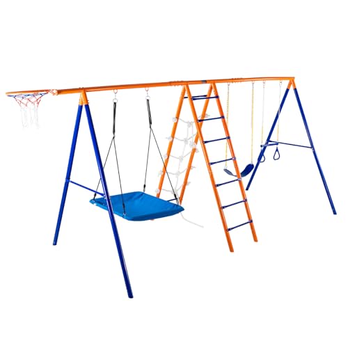 VEVOR 6 en 1 Juego de Columpios para Patio Trasero con 2 Columpios, Barra Trapecio, Escalera de Escalada, Red de Escalada y Aro de Baloncesto Capacidad de Carga 200KG para Niños a Partir de 3 Años