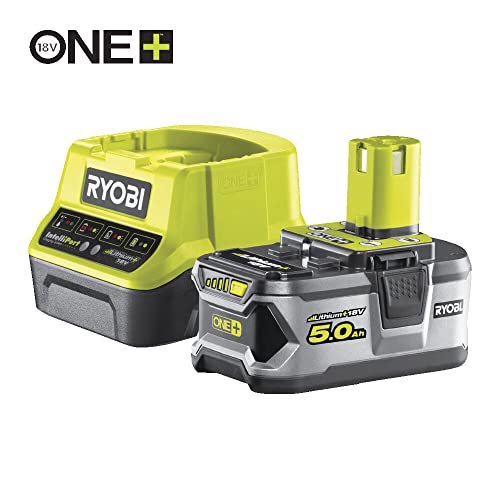 Ryobi - Amoladora angular 18V Ø115 mm - 7.500 rpm - Mango auxiliar - Incluye 1 batería Lithium+ 5,0 Ah, cargador rápido 2,0 A y disco de desbaste - R18AG-150GZL