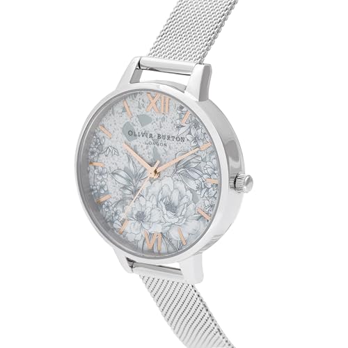 Olivia Burton Reloj Analógico de Cuarzo para Mujer Colección TERRAZZO Florals con Correa de Malla de Acero Inoxidable Plateada - OB16TZ06