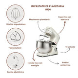 Girmi IM50 Amasadora planetaria, 2200 W Max, 8 litros, 6 velocidades, Pulse, recipiente inoxidable con asa, dispositivo de seguridad, accesorios incluidos, crema