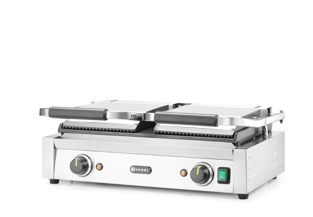 HENDI Parrilla Eléctrica de Contacto Doble, Grill/Plancha Panini y Sandwichera Profesional, Placas Acanaladas y Lisas de Hierro Fundido Esmaltado, 230V, 3600W, 570x375x(H)216mm, Acero Inoxidable