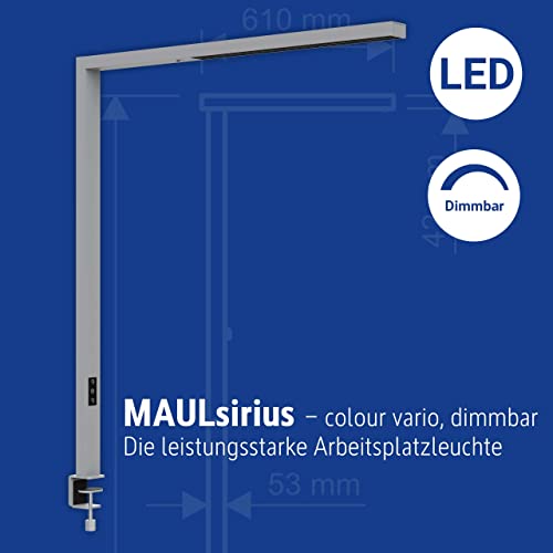 MAUL MAULsirius 8259395, Lámpara de pie con pinza y detector de movimiento, regulable, sensor de luz diurna, para oficina, estación de trabajo, pinza de mesa, 8750 lúmenes, color plateado