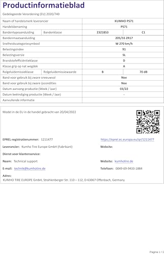 205/55ZR17 KUMHO TL PS71 (NUEVO), 91 W