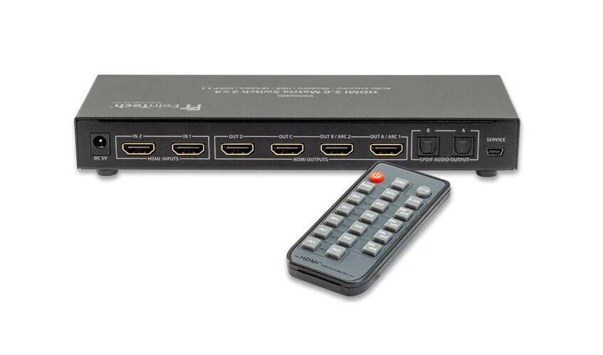 FeinTech Divisor de conmutación matricial HDMI 2.0 VMS02400, 2 entradas, 4 salidas, extractor de audio 4K 60 Hz HDR