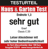 GRAEF Classic C20 - Cortafiambres eléctrico, 170 W, cuchilla Ø170 mm, metálico, corte 0-20 mm, fabricado en Alemania, motor condensador, plateado
