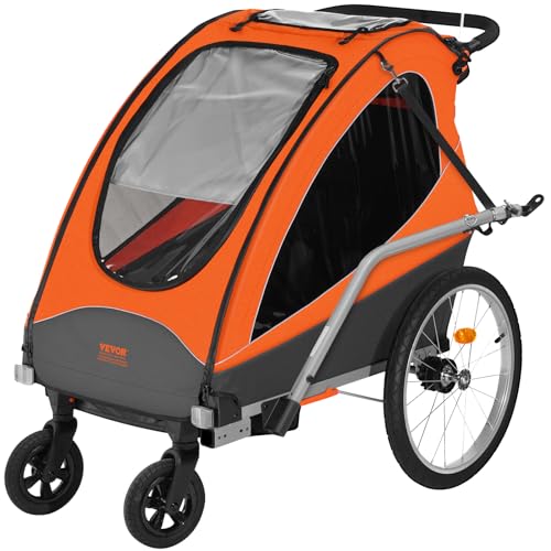 VEVOR Remorque de vélo pour Enfants, siège Double, Charge 55 kg, Porte-auvent 2 en1 transformant en Poussette, remorque de vélo Pliable pour Tout-Petits Avec attelage de vélo universel, Orange Gris