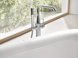 Grohe Essence - Grifo de bañera con sistema de montaje en suelo, teleducha Grohe Euphoria Cosmopolitan Stick, ángulo de giro ajustable a 0°, 150° o 360°, aireador Grohe AquaGuide (23491001)