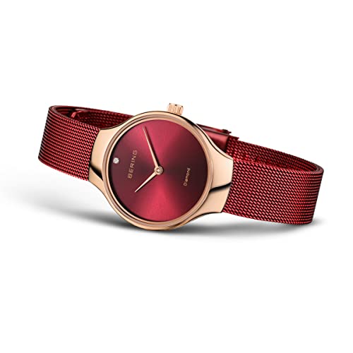 BERING 13326-Charity Reloj de cuarzo para mujer con caja de acero inoxidable de 26 mm con acabado en oro rosa y esfera roja, correa milanesa, cristal de zafiro y resistencia al agua de 3 ATM