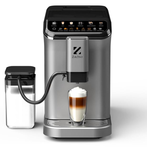 ZACHVO Cafetera Superautomática con Sistema de Leche–20 Bares, 7 Bebidas, 15 Niveles de Molido, Depósito de Agua de 1,5L, Doble Caldera, Control PID, Limpieza Automática,Pantalla Táctil，Café con Leche