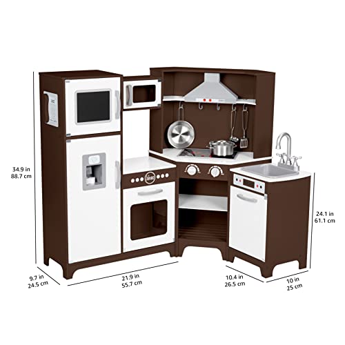 Amazon Basics Cocina de juguete, forma esquinada, de madera, con puertas interactivas, pomos y luces, 99 x 71 x 89 cm, color marrón espresso y gris