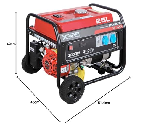 XGREENS Generador de corriente (gasolina) X40 (máx. 3.000W, depósito 25 l, AVR, Powered by Honda, ruedas, alerta aceite, monofásico, 2 tomas 230V, protección térmica y panel digital)