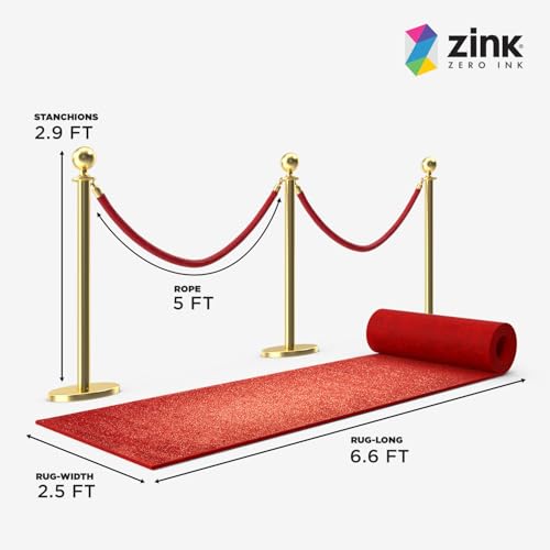 Zink Paquete de Alfombra Roja Zink - 4 Postes Dorados de Acero Inoxidable de 90 cm con Cuerda de Terciopelo de 1,5 m para Fiestas, fotomatones, Bodas, teatros, etc.
