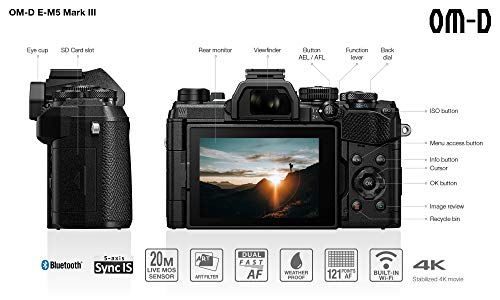 Olympus OM-D E-M5 Mark III Micro Four Thirds carcasa de la cámara, sensor de 20 MP, estabilizador de imagen de 5 ejes, potente autofoco, visor electrónico OLED, vídeo 4K, WLAN, Bluetooth, negro