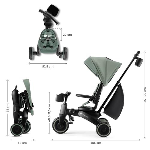 Kinderkraft JAZZ2 Triciclo 6 en 1, con función de Rueda para niños, Cochecito Plegable con Accesorios, protección UV UPF50+, de 9 Meses a 5 años, Verde