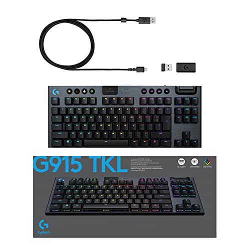 Logitech G915 LIGHTSPEED TKL Teclado Gaming Mecánico Inalámbrico con teclas GL-Táctil de bajo perfil, LIGHTSYNC RGB, Diseño ultradelgado, 40+ Horas duración de Batería, Disposición QWERTY US - Negro