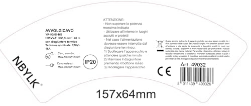 Electraline 49032 Alargador eléctrico con enrollacables de Tambor Fijo m 4 Tomas polivalentes (Schuko + 10/16 A) Enchufe Grande 16 A, con protección-sección del Cable 3G1,5 mm² Negro, 40 MT
