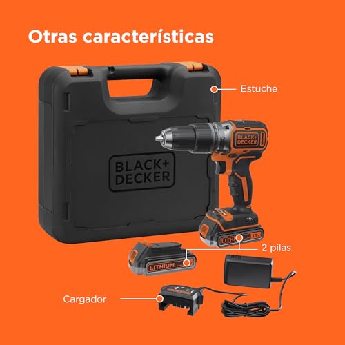 BLACK+DECKER Taladro percutor inalámbrico de 18V con 2 baterías de 2,5Ah, velocidad variable, 2 engranajes, 52Nm de par, POWERCONNECT, BL188E2K-QW
