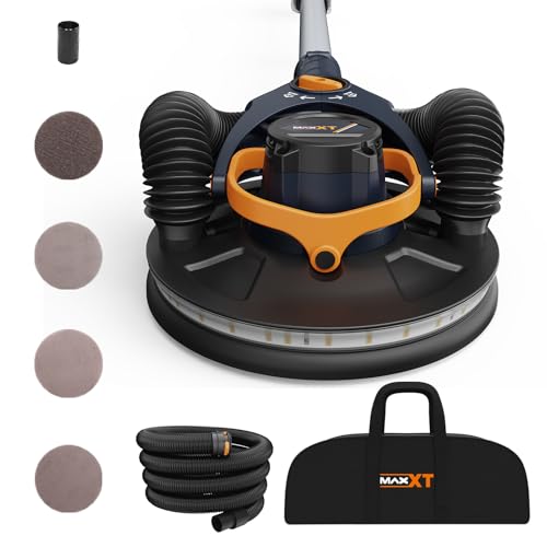 MAXXT Lijadora de Yeso Sin Escobillas - Órbita 4mm, Doble Canal con Adhesión al Techo, Modo Canal Simple/Doble para Paredes, 4000-8500 RPM, Luz LED, Plegable, 400W, Mango 1,65M, Plato 215mm