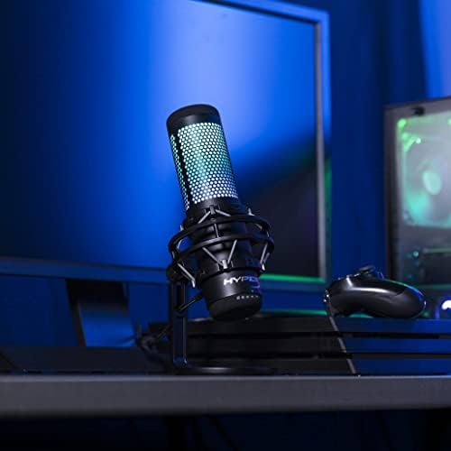 HyperX QuadCast S - Micrófono de condensador USB, iluminación RGB, soporte de choque antivibración, cuatro patrones polares, filtro pop, control de ganancia, para PC, PS4, PS5 y Mac, Negro