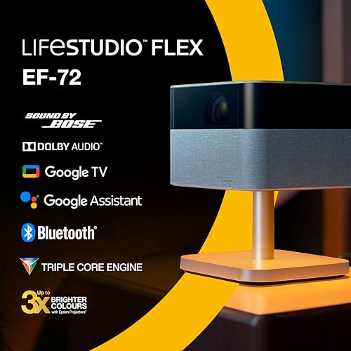 Epson Lifestudio Flex Plus EF-72 Roble,proyector portátil smart,Sound by Bose,Google TV,4K Pro UHD, Función de lámpara lateral LED, soporte ajustable, uso en interiores/exteriores, 5 años de garantía*