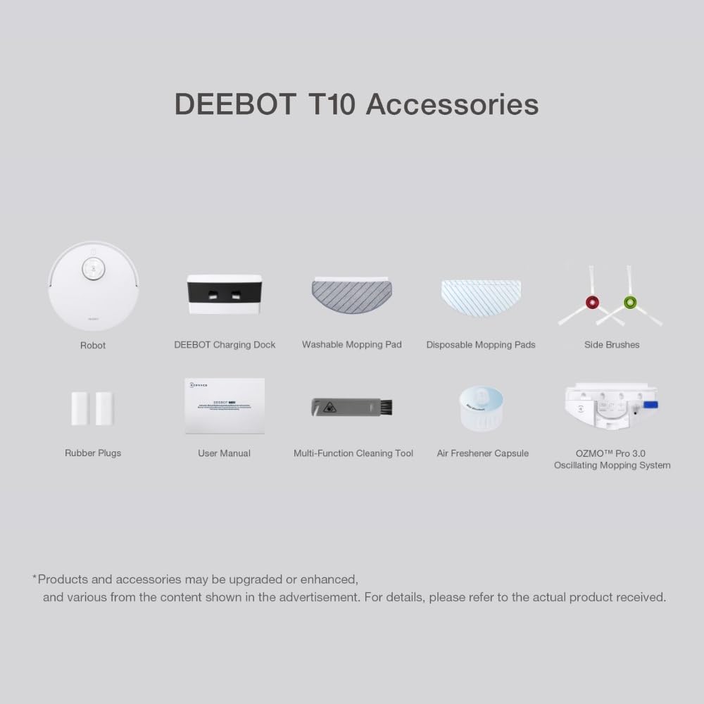ECOVACS DEEBOT T10, Robot Aspirador con Mopas vibratorias (OZMO Pro 3.0), 3000Pa, reconocimiento de obstáculos con IA (AIVI 3.0), mapeo 3D, batería de 5200 mAh, Asistente de Voz YIKO