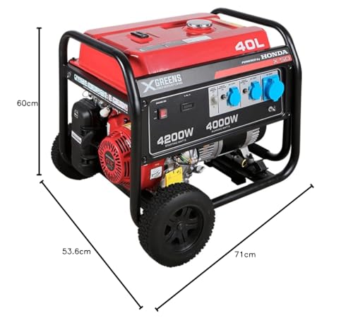 XGREENS Generador de corriente (gasolina) X50 (máx. 4.200W, depósito 40 l, AVR, Powered by Honda, ruedas, alerta aceite, monofásico, 3 tomas 230V, protección térmica y panel digital)