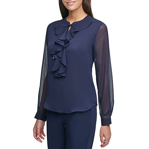 Tommy Hilfiger Long Sleeve Ruffle Front Blouse Blusas, Medianoche, L para Mujer