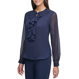 Tommy Hilfiger Long Sleeve Ruffle Front Blouse Blusas, Medianoche, L para Mujer