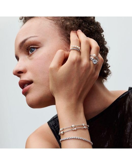Pandora Timeless Anillo abierto de plata de ley con perla blanca cultivada de agua dulce tratada y circonita cúbica transparente, talla 52