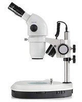 Estéreo Zoom Microscopio [Núcleo ozo 552] Tubo: Binocular, ocular: hswf 10 x 23 mm, campo de visión: ø28,75 – 3,3 mm, objetivo: 0,8 x – 7 x, soporte: columna, iluminación: 3 W LED (reflejada)