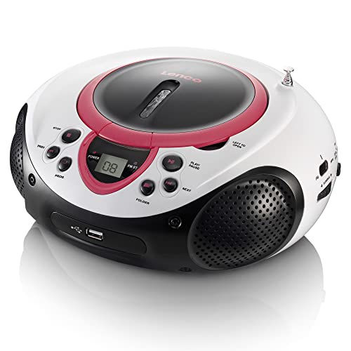 Lenco SCD-38 USB Rosa - Radio FM portátil con Reproductor de CD/MP3 - Entrada USB - Entrada AUX - Rosa