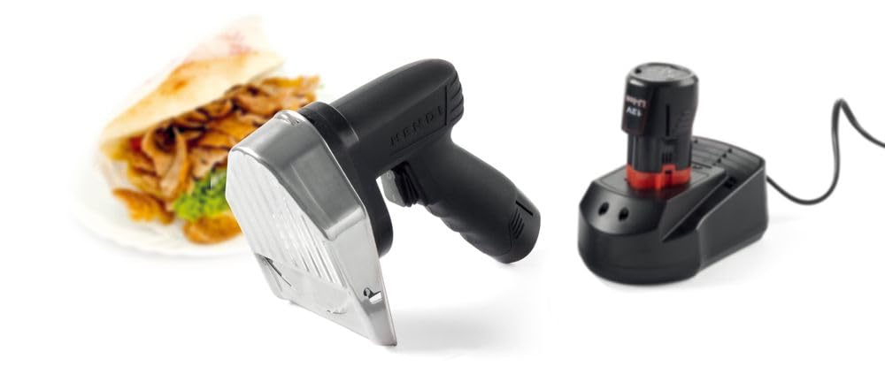 HENDI Cortador cuchillo inalámbrico para kebab, shawarma, gyros, espesor de corte ajustable 0-8mm, cuchilla: 2600 rpm, 2 baterías de 2000mAh, 80W, 60kg/h, 240V, 199x125x(H) 184mm, acero inoxidable