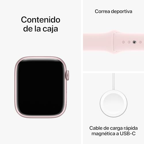 Apple Watch Series 9 [GPS + Cellular] Smartwatch con Caja de Aluminio en Rosa de 45 mm y Correa Deportiva Rosa Claro - Talla S/M. Monitor de entreno, App Oxígeno en Sangre, Resistencia al Agua