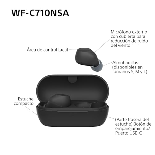 Sony WF-C710NSA Auriculares inalámbricos In-Ear con Noise Cancelling, Ligeros, Controles táctiles, Conexión Multipunto, IPX4, hasta 40 h de batería, Carga rápida, iOS y Android - Negro