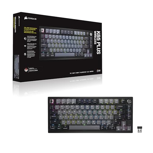 Corsair K65 Plus Wireless 75% RGB Teclado mecánico para Juegos Intercambiable en Caliente - Interruptores lineales Rojos MLX prelubricados - Supresión de Ruido de Doble Capa - Teclas PBT -