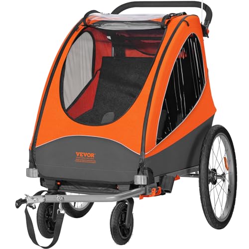 VEVOR Remorque de vélo pour Enfants, siège Double, Charge 55 kg, Porte-auvent 2 en1 transformant en Poussette, remorque de vélo Pliable pour Tout-Petits Avec attelage de vélo universel, Orange Gris