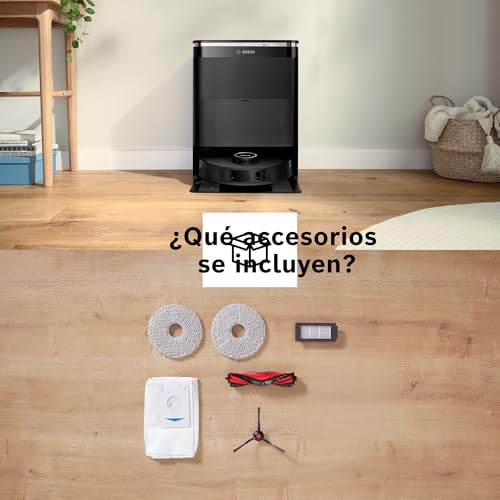 Bosch - Robot Spotless MAX CAM, BCRDW3BX, aspira y friega, Potencia 11.000 Pa, Almohadillas giratorias, estación Seca-húmeda, Visión Inteligente por luz estructurada, Cámara, Home Connect App, Negro
