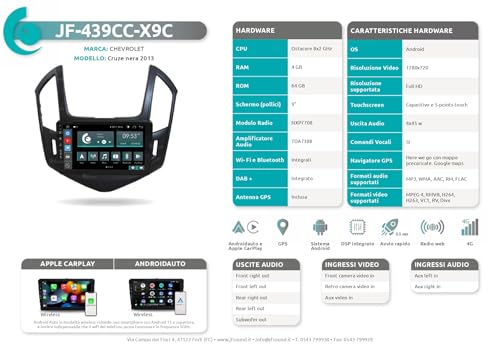 Radio de Coche para Chevrolet Cruze después 2013 Negro Android GPS Bluetooth WiFi USB Dab+ Touchscreen 9" 8core Carplay AndroidAuto