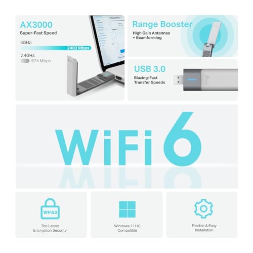 【2024 Nuevo】 TP-Link Archer TX50UH | Adaptador USB inalámbrico de Alta Ganancia | Wi-Fi6 AX3000| Cobertura más Amplia | USB3.0 | Juego de Menor latencia| Compatible con windows11