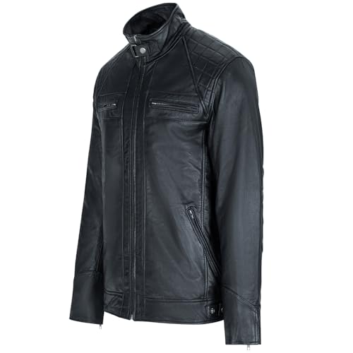 URBAN 5884 Chaqueta de cuero para hombre, SKIMO, Piel de Oveja Genuina, Cazadora Piel Hombre Estilo Motero, 8 bolsillos, Hecha a Mano, Suave y Duradera, Negro, L