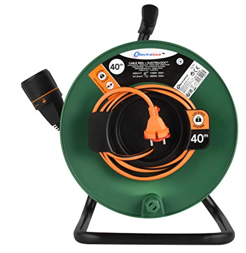 Electraline 49248 Alargador con Enrollacables 40 m, Sistema Antidesconexión Electralock, 2 x 1,5 mm², Negro y Naranja