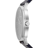 Emporio Armani Reloj para hombre, movimiento de tres manecillas, caja de acero inoxidable plateado de 41 mm con correa de piel, AR11012, Tono azul y plateado