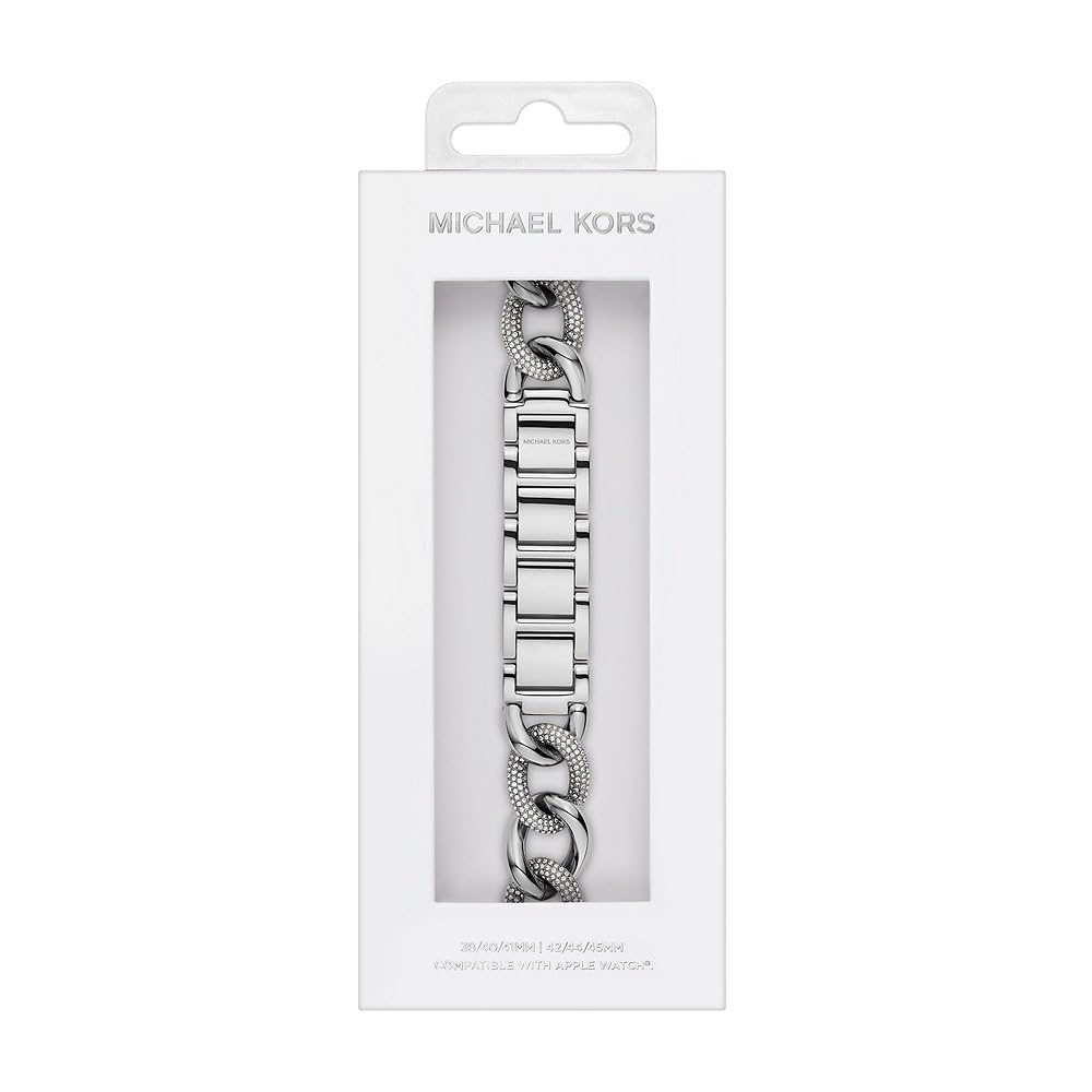Michael Kors Correa de acero inoxidable o acetato para mujer, compatible con Apple Watch de 38 mm/40 mm/41 mm, Tono plateado