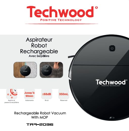 Techwood Robot Aspirador 2 en 1 con Trapeador, 350mL, Batería de 1500mAh, 450Pa, 90min de Uso TAR-2026