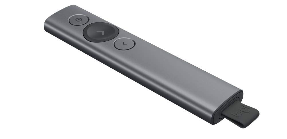 Logitech Spotlight Presentador Inalámbrico, 2.4 GHz y Bluetooth, Receptor USB, Puntero Láser Digital, Distancia de 30 Metros, Cronometro, PC, Mac, Android, iOS, Slate