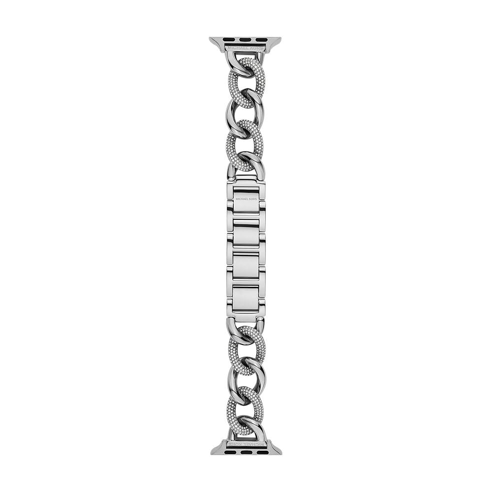 Michael Kors Correa de acero inoxidable o acetato para mujer, compatible con Apple Watch de 38 mm/40 mm/41 mm, Tono plateado