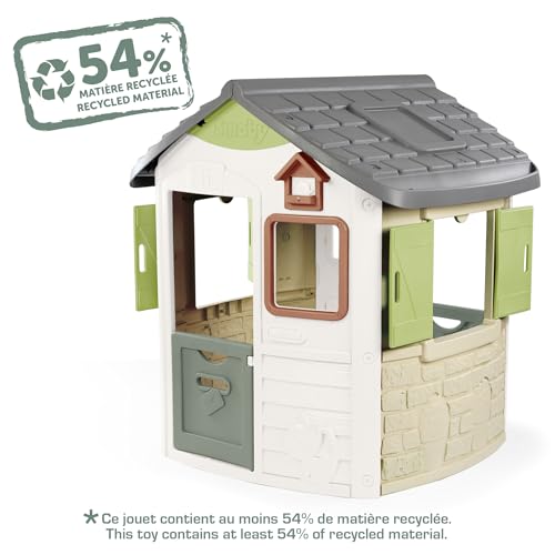 Smoby Life Casa Jura Lodge - Casa de Juegos Infantil con 2 Puertas Bajas, Ventanas con Contraventanas y Comedero para Pájaros - Material Reciclado - Resistente Rayos UV - Más de 2 años (7600810504)